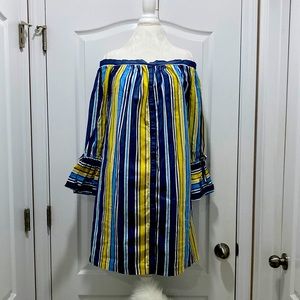 ICE Off Shoulder Linen and Rayon Striped Dress Size 8